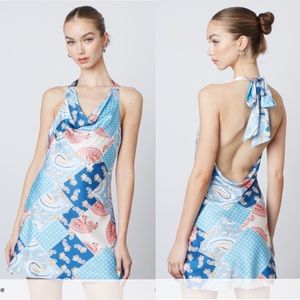 Cotton Candy LA Women’s Blue Printed Cowl Halter Neck Tie Mini Dress New
